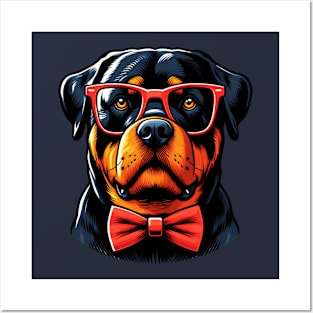 Rottweiler Dog Wearing Red Glasses And Bow Tie Posters and Art